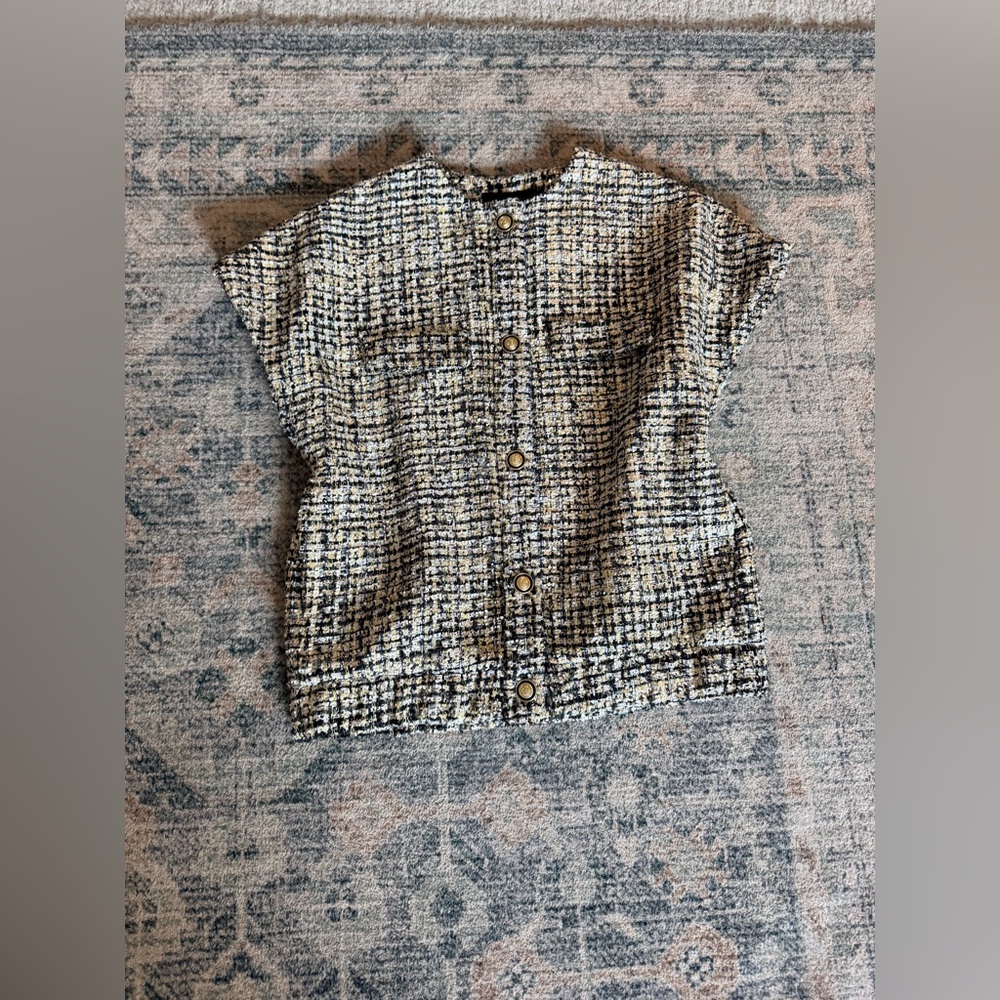 Zara collection black gold sequin tweed button down short sleeve blouse XS S - Picture 8 of 10